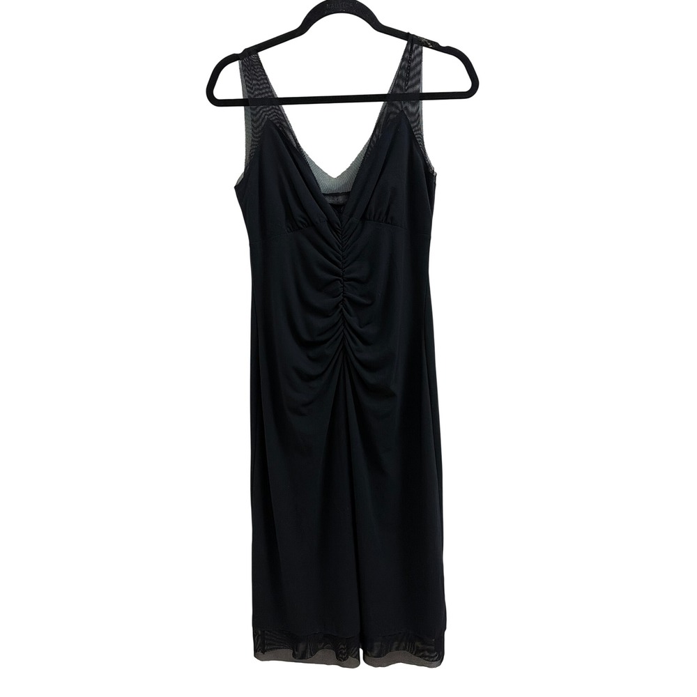 Guess Collection Black Ruched Mesh‎ Trim Midi Dress Sleeveless V-Neck Small Med
